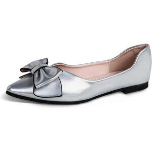 Women Silver Artificial lacquer leather Pointed Toe Bow Memory Foam Flats